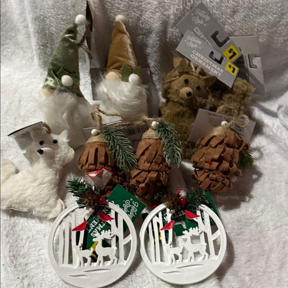 Holiday Gnome and Ornament Set - White, Green, Brown